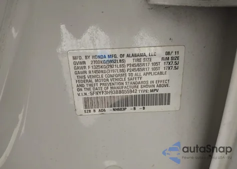 2011 Honda Pilot Touring z USA, uszkodzony, nr VIN 5FNYF3H93BB055942